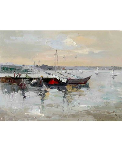 ציור שמן מופשט סירות במזח